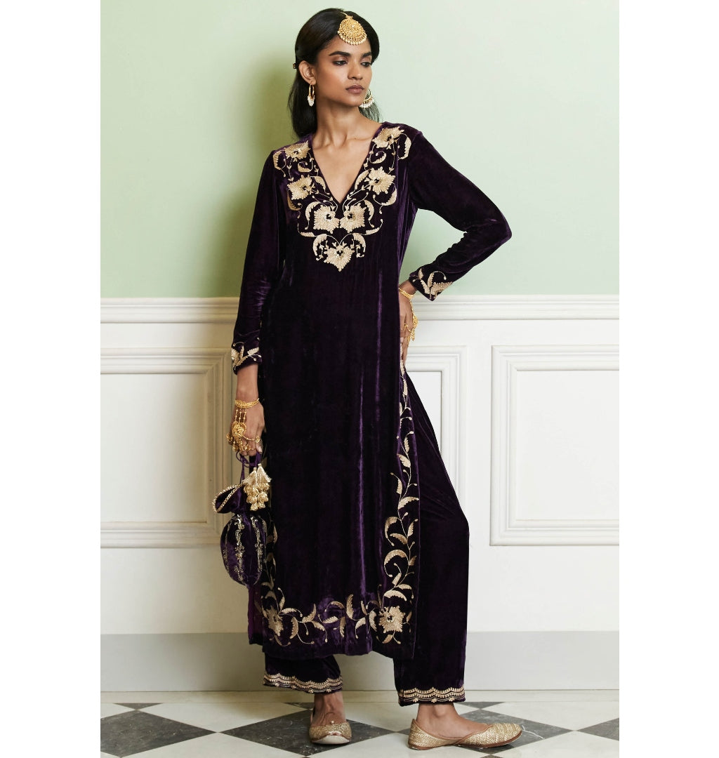 Deep Purple Embroidered Velvet Kurta Set