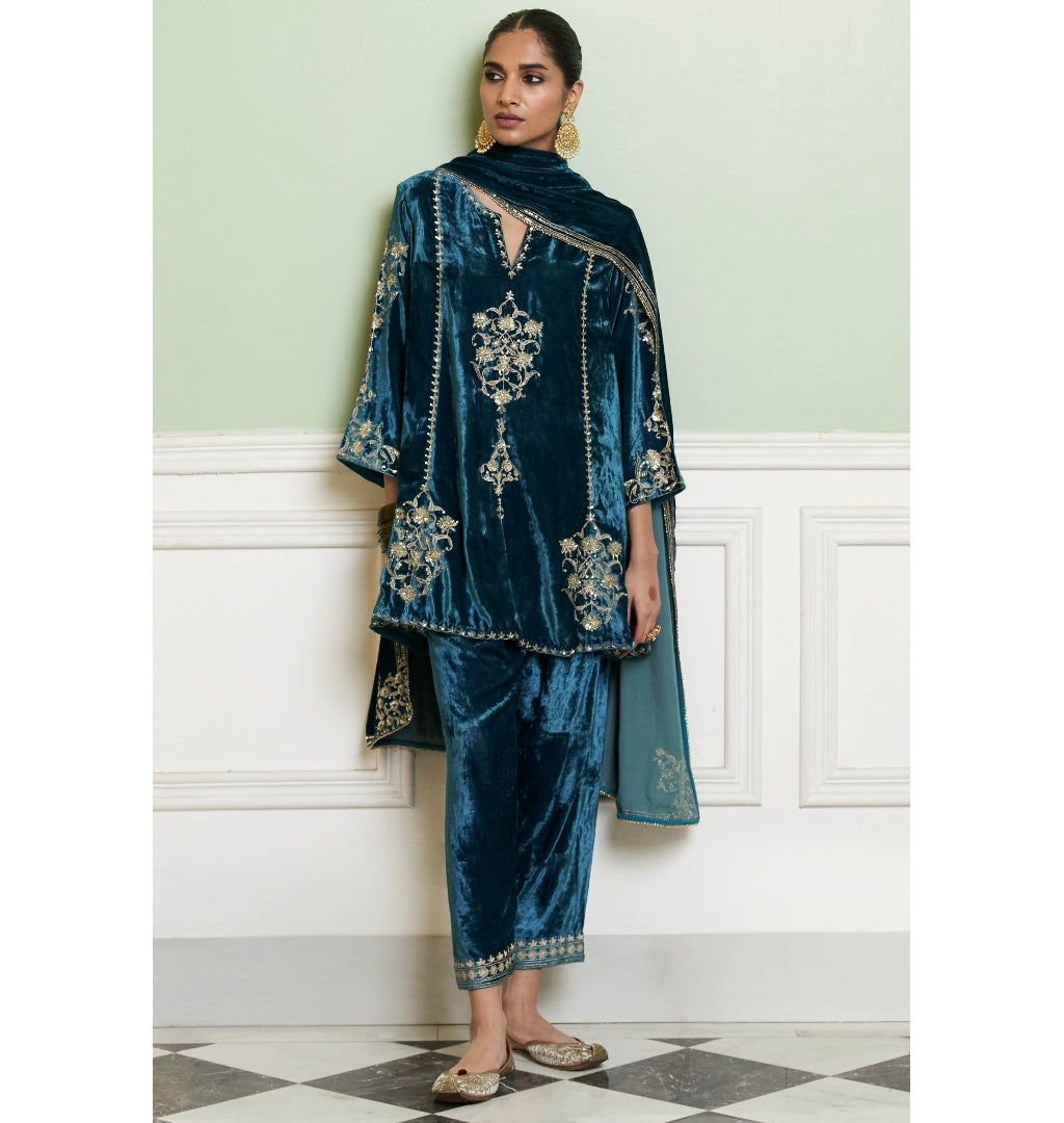 Teal Blue Embroidered Velvet Short Kalidar Kurta Set