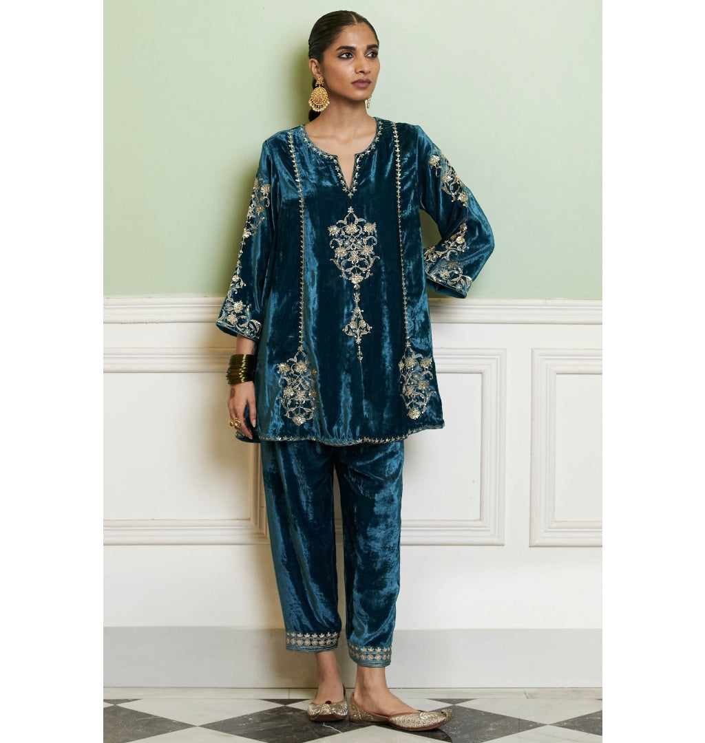 Teal Blue Embroidered Velvet Short Kalidar Kurta Set