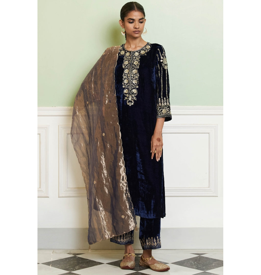 Navy Blue Embroidered Velvet Straight Kurta Set