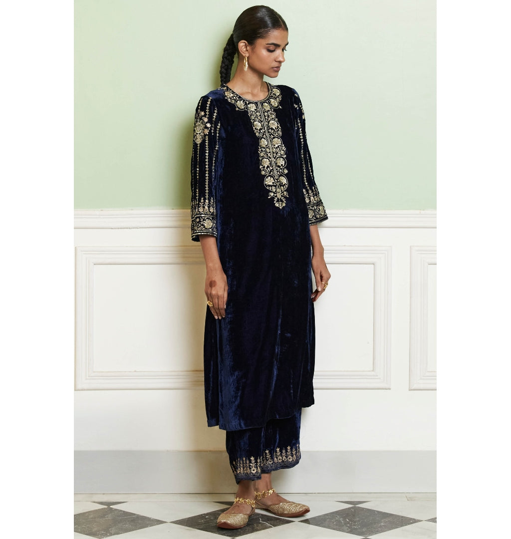 Navy Blue Embroidered Velvet Straight Kurta Set