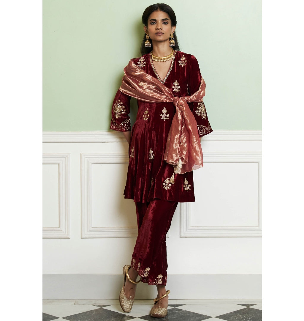 Maroon Embroidered Velvet Short Kalidar Kurta Set