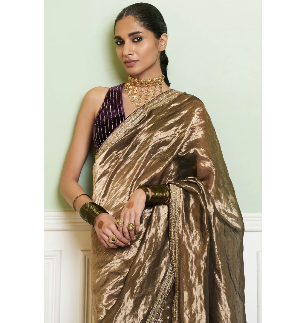 Gold Silk Tissue Saree and Velvet Blouse Set