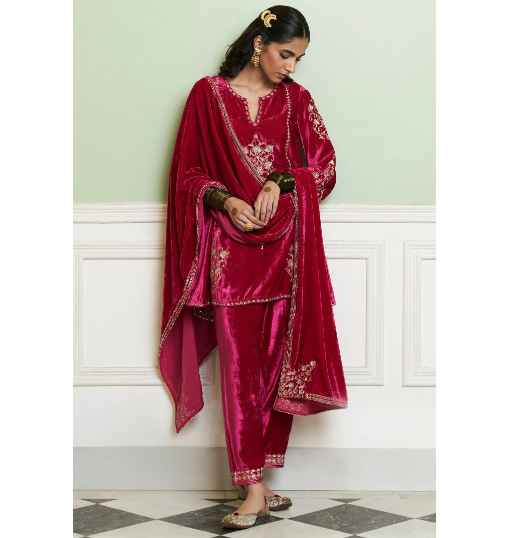 Fuchsia Embroidered Velvet Short Kalidar Kurta Set