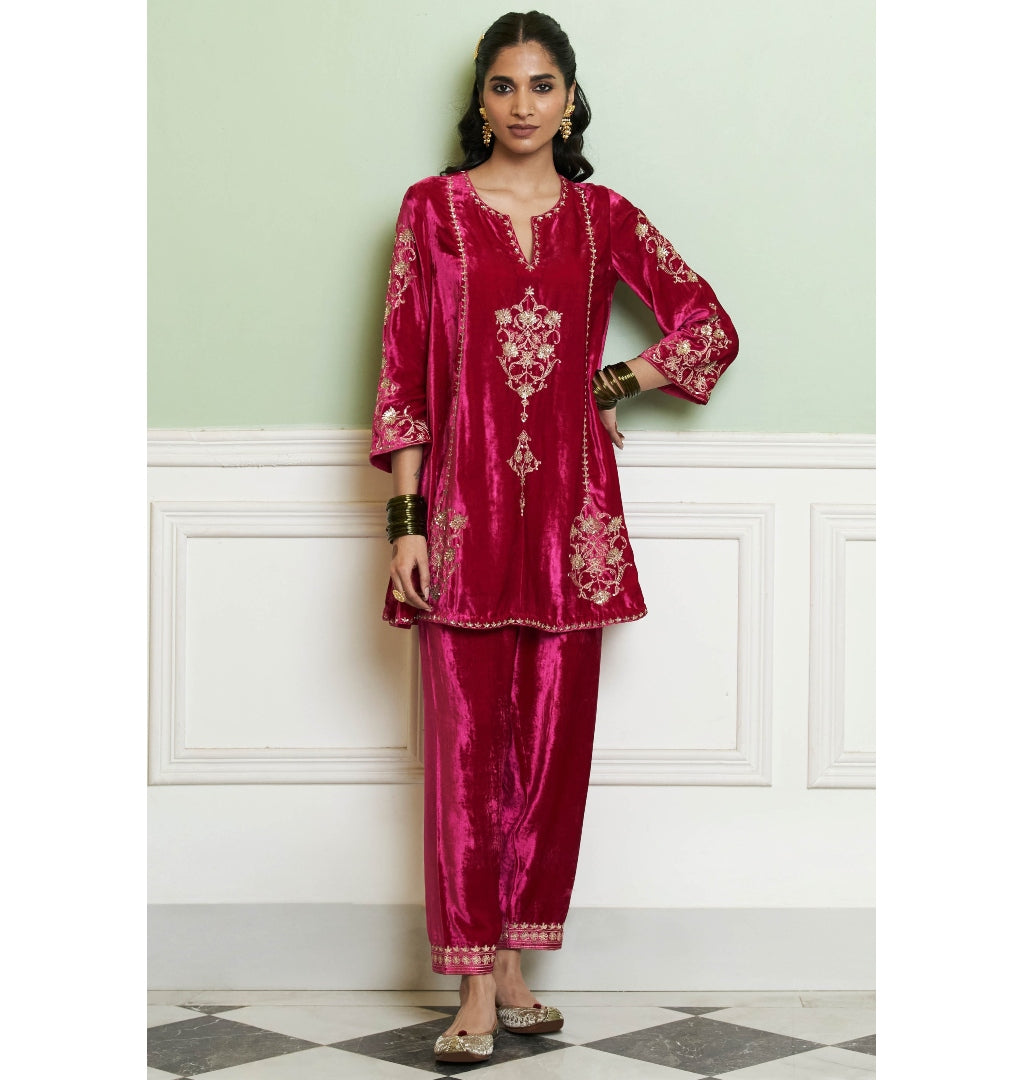 Fuchsia Embroidered Velvet Short Kalidar Kurta Set