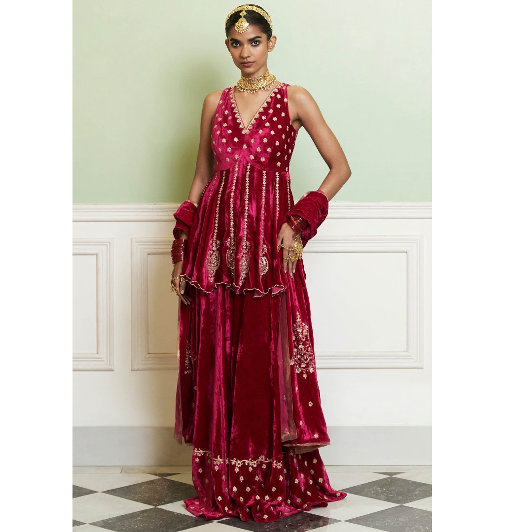 Fuchsia Embroidered Velvet Sharara Set