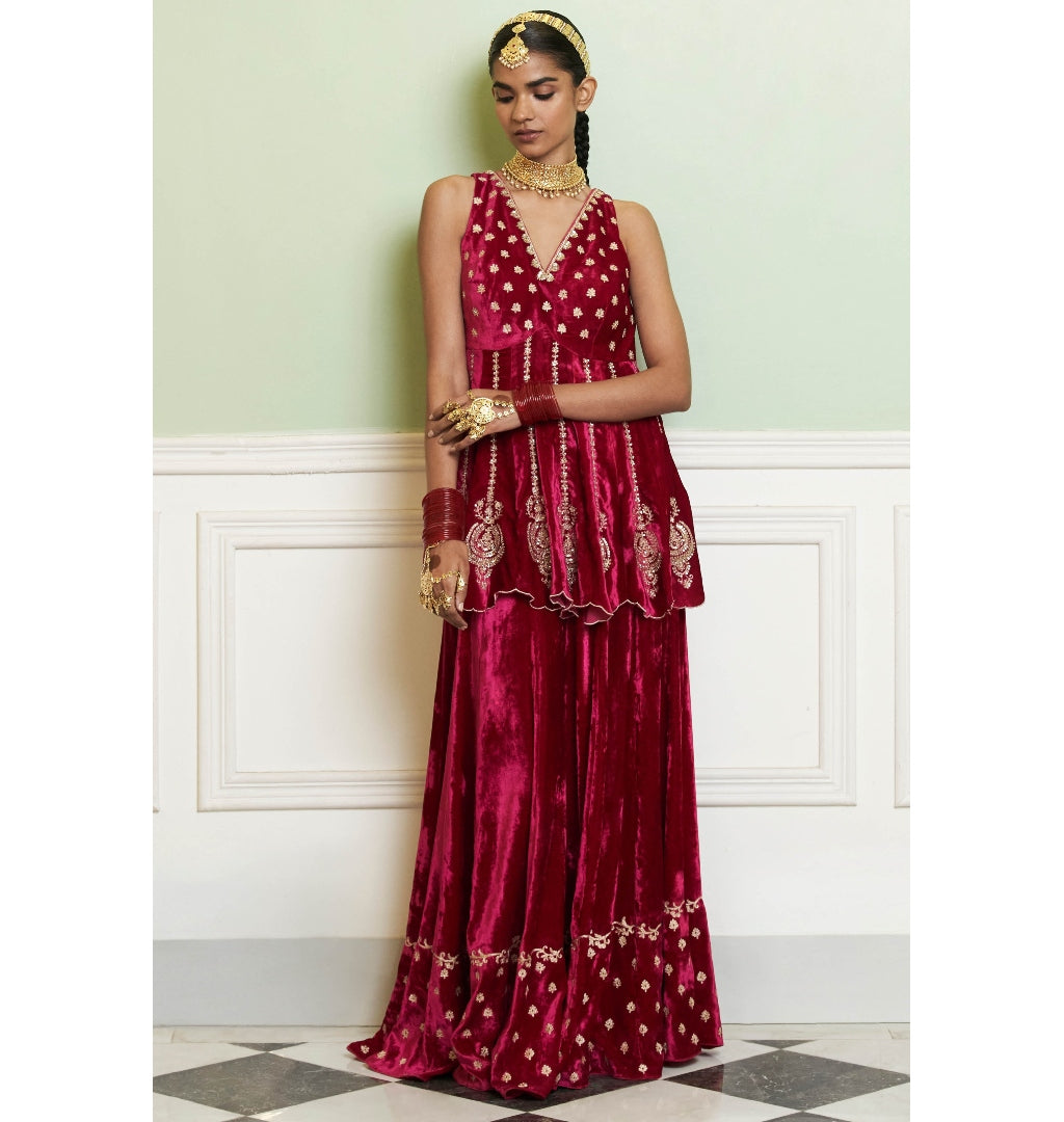 Fuchsia Embroidered Velvet Sharara Set