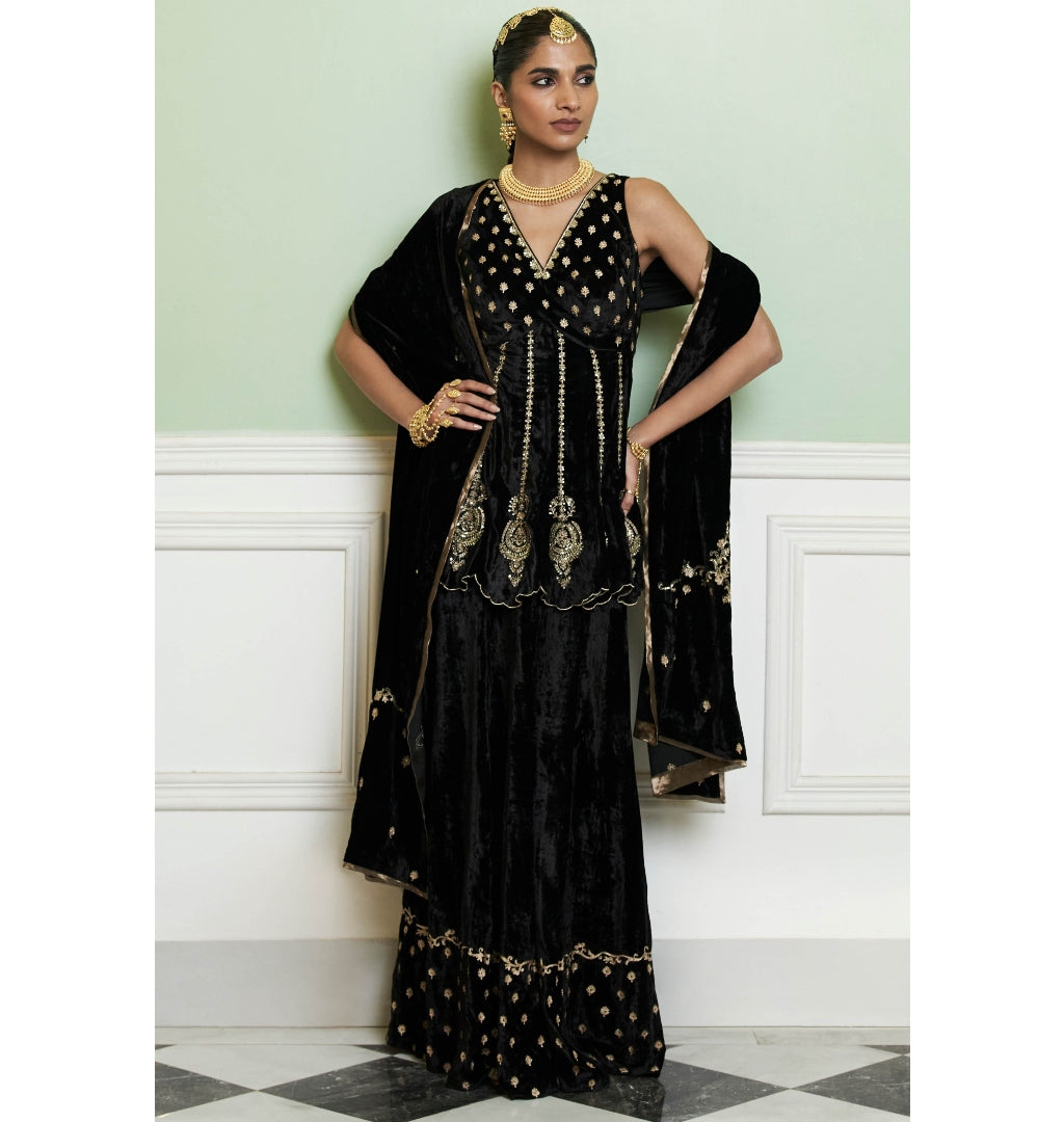 Black Embroidered Velvet Sharara Set