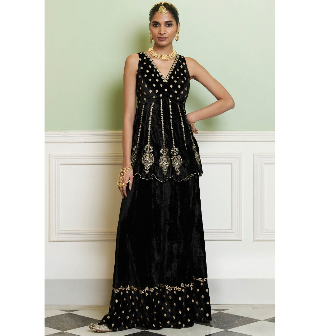 Black Embroidered Velvet Sharara Set