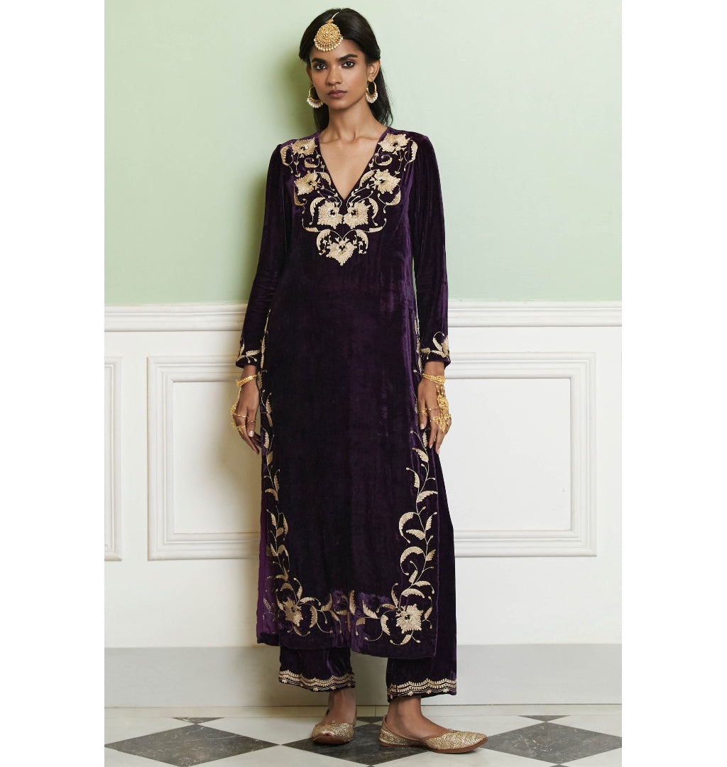 Deep Purple Embroidered Velvet Kurta Set