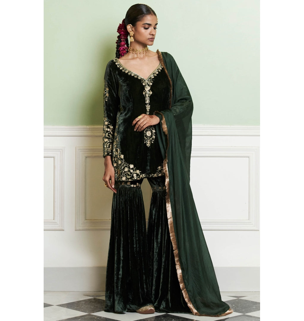 Emerald Green Embroidered Velvet Gharara Set