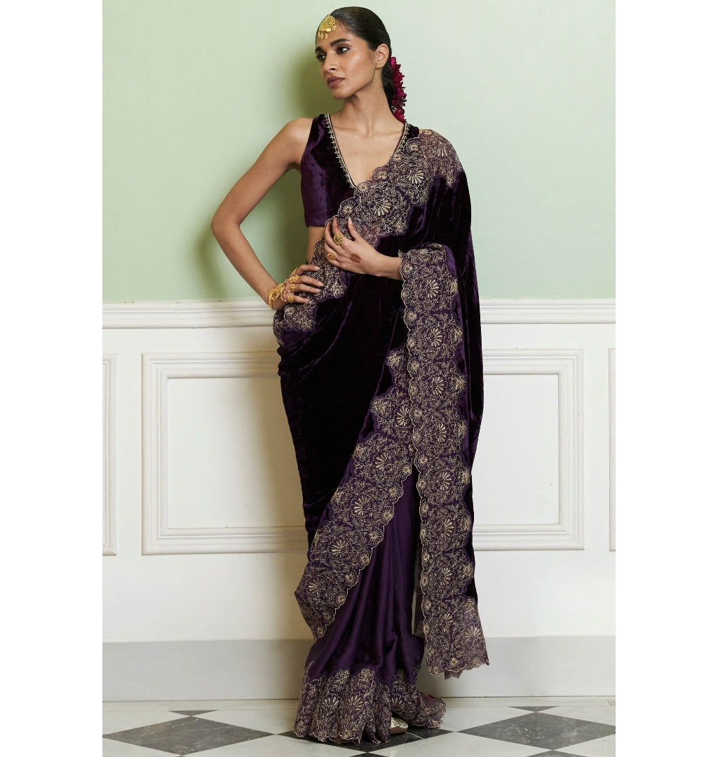 Deep Purple Embroidered Velvet Sari Set