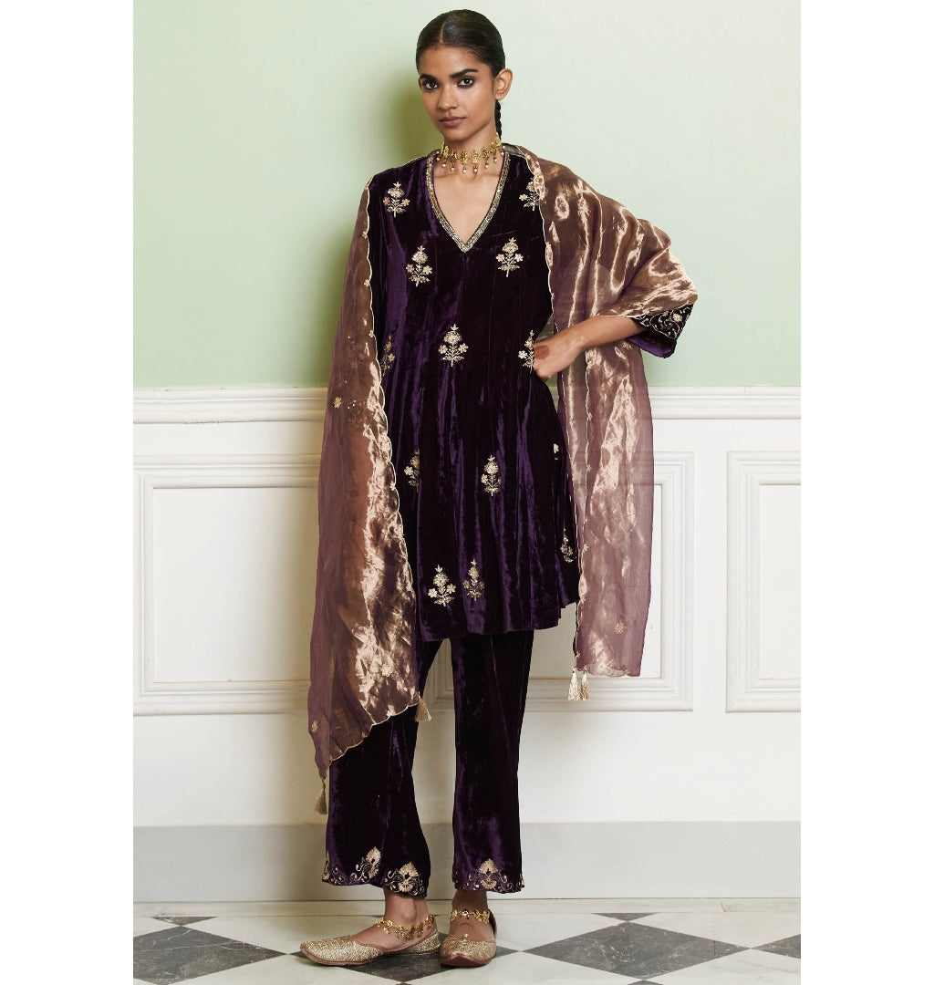 Deep Purple Embroidered Velvet Short Kalidar Kurta Set