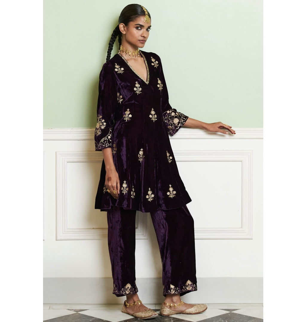 Deep Purple Embroidered Velvet Short Kalidar Kurta Set