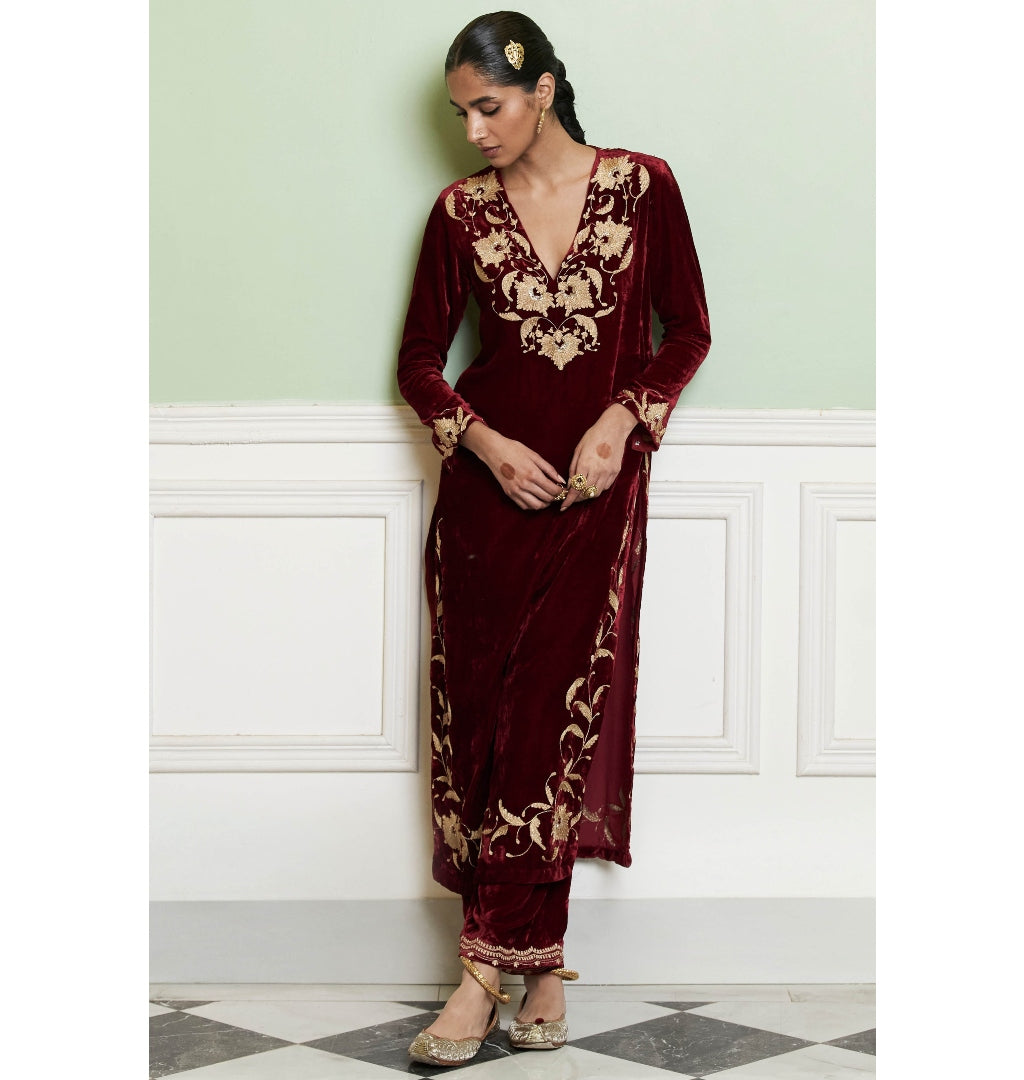 Maroon Embroidered Velvet Kurta Set