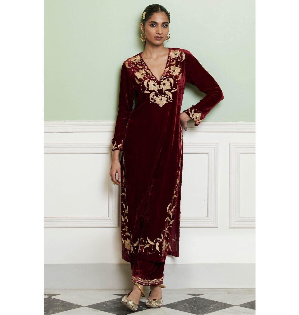 Maroon Embroidered Velvet Kurta Set