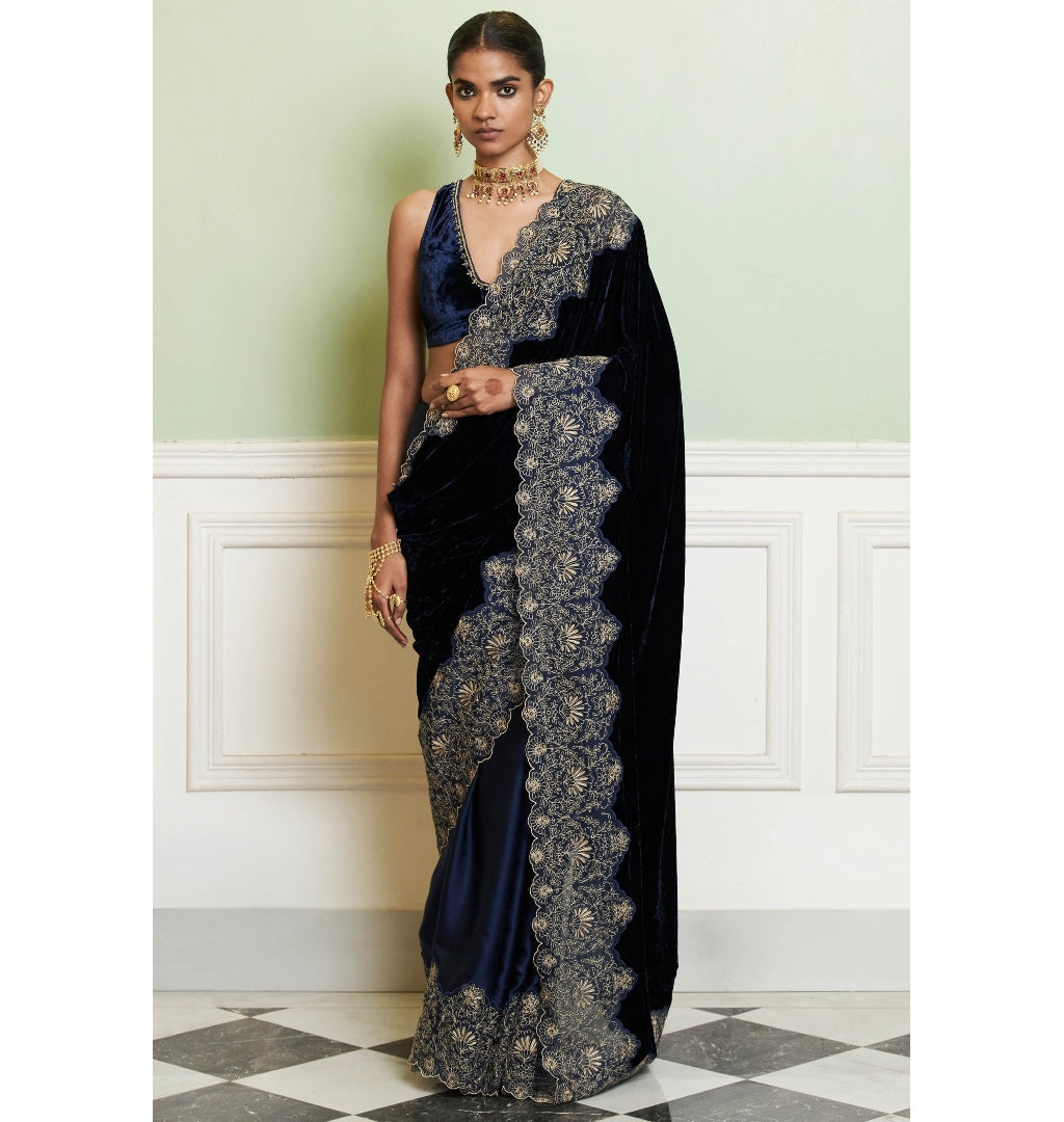 Navy Blue Embroidered Velvet Saree Set