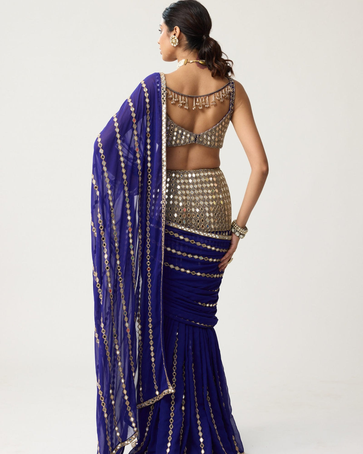 Persian Blue Fitted Linear Mirror Sari Set