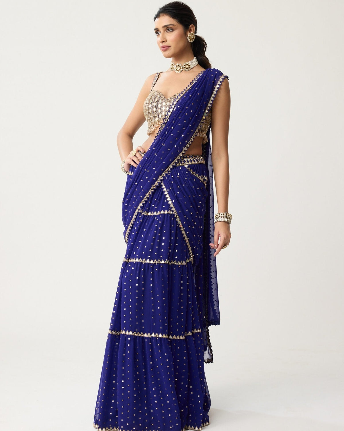 Persian Blue Multi-Tier Mirror Sari Set