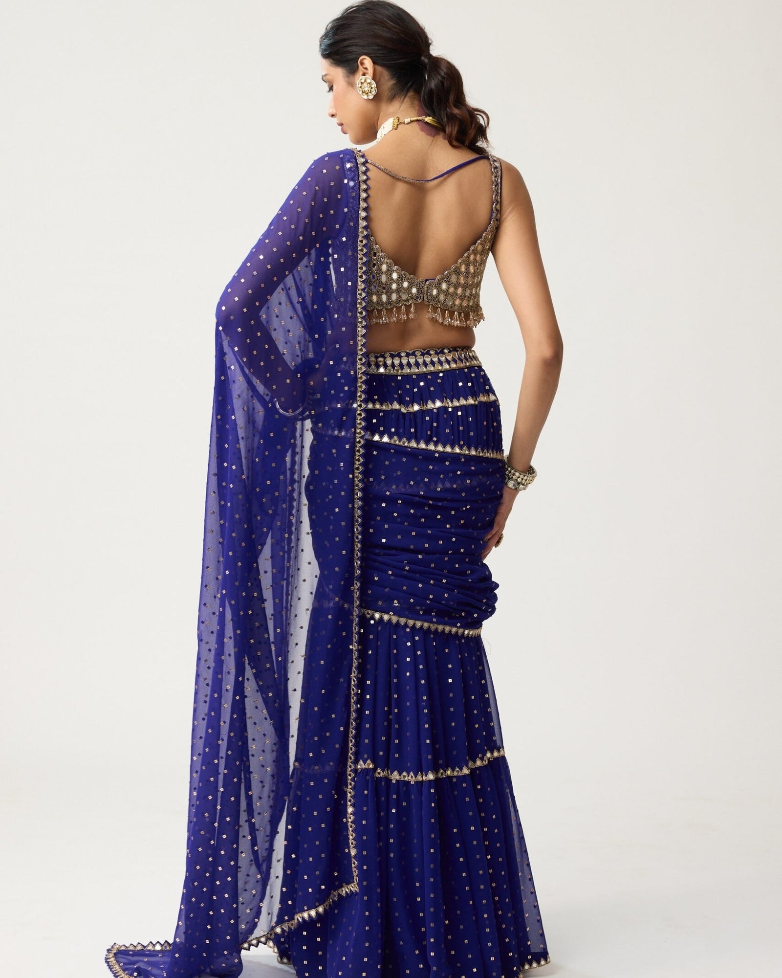 Persian Blue Multi-Tier Mirror Sari Set