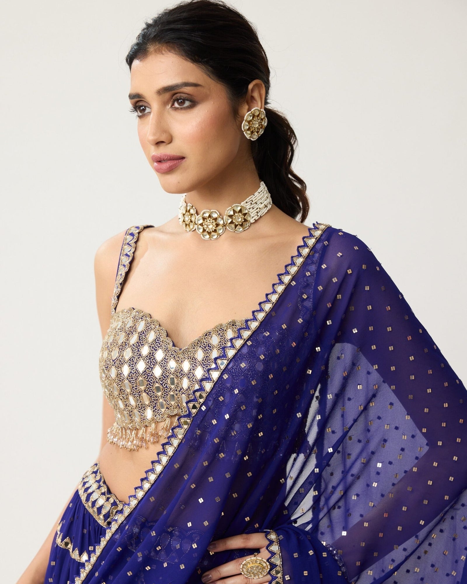 Persian Blue Multi-Tier Mirror Sari Set