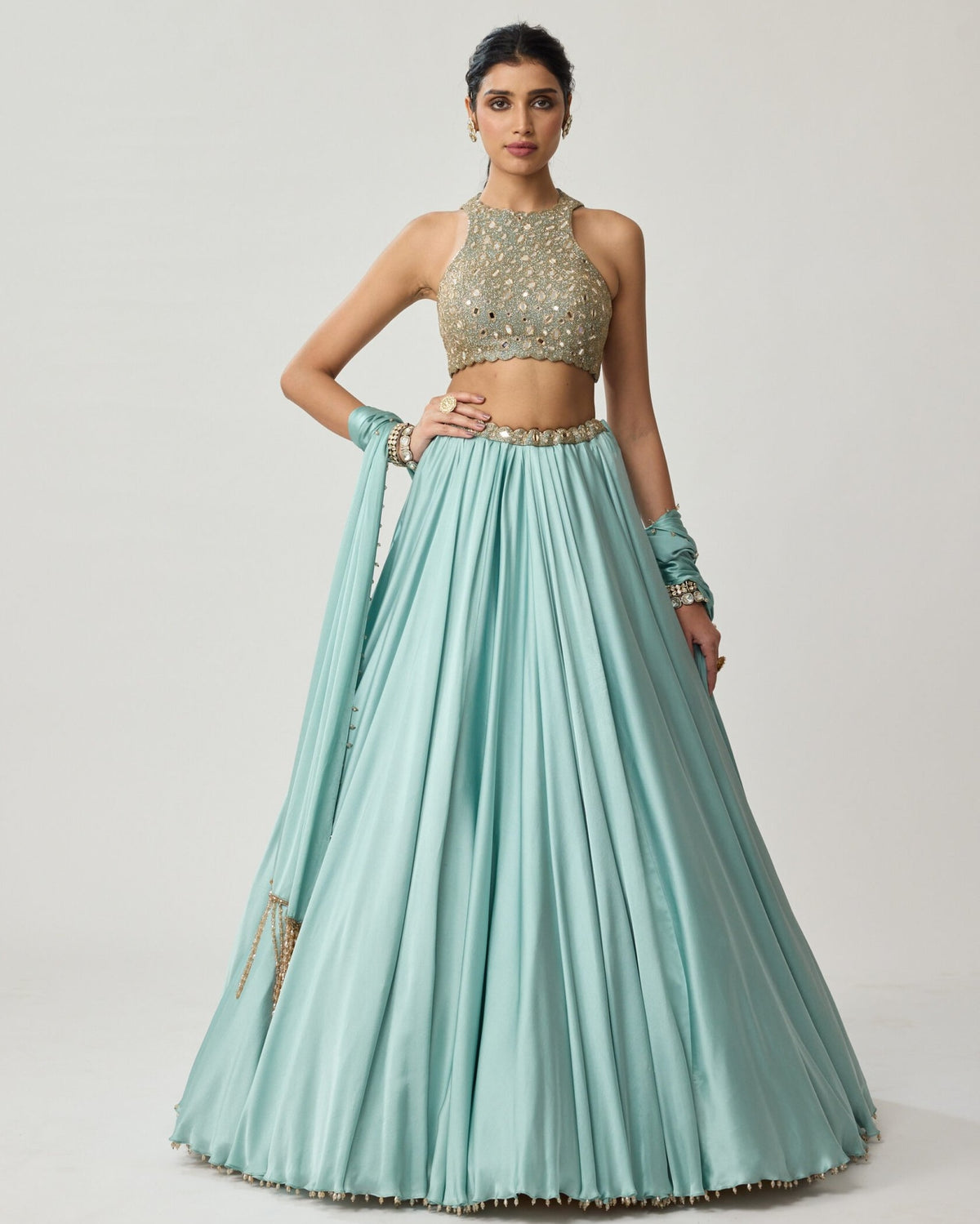 Powder Blue Mirror Satin Skirt Set