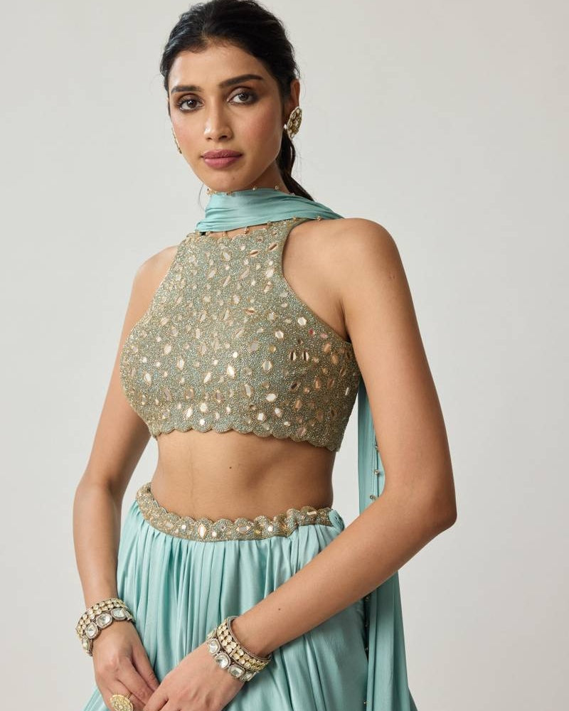 Powder Blue Mirror Satin Skirt Set