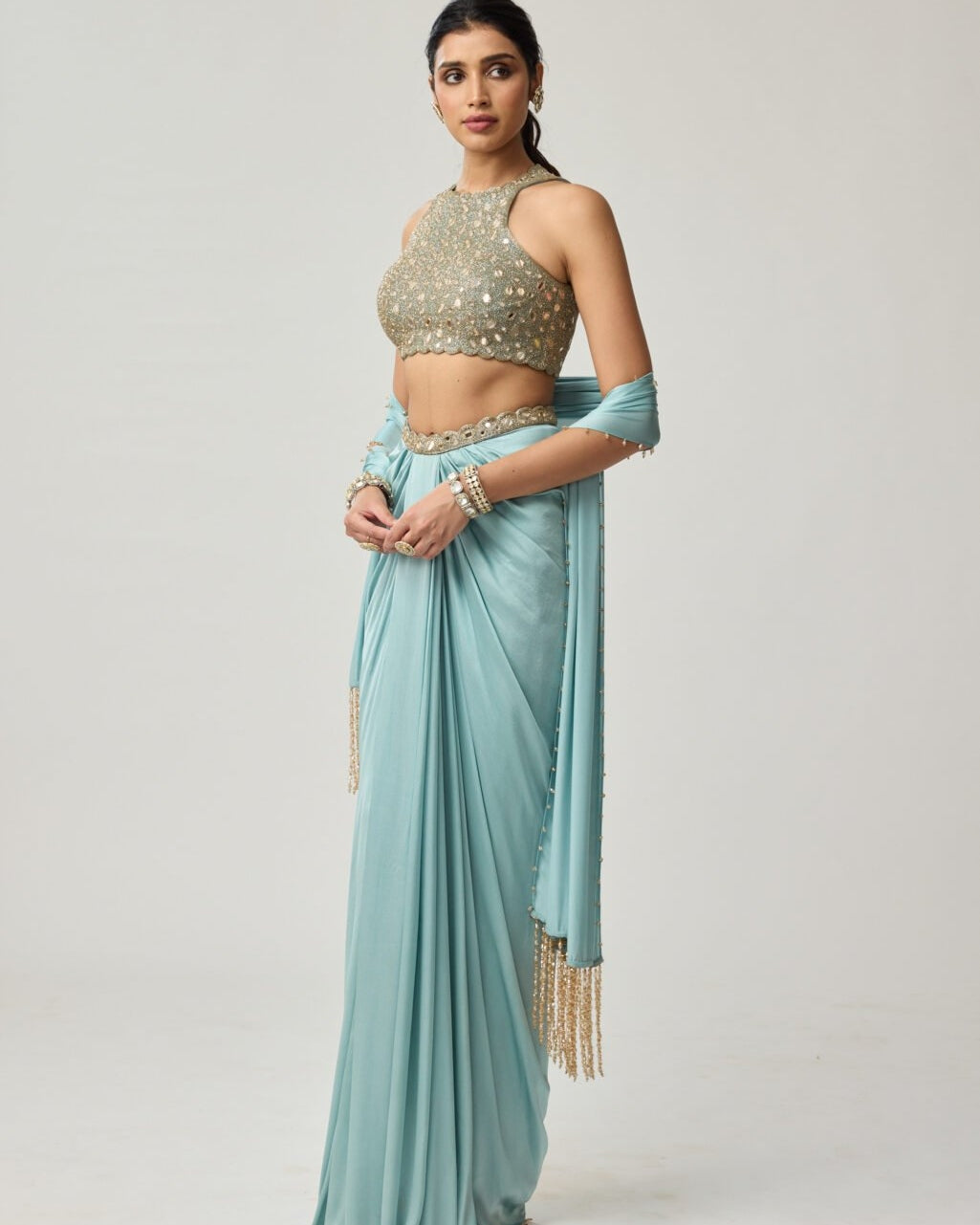 Powder Blue Mirror Satin Draped Skirt Set