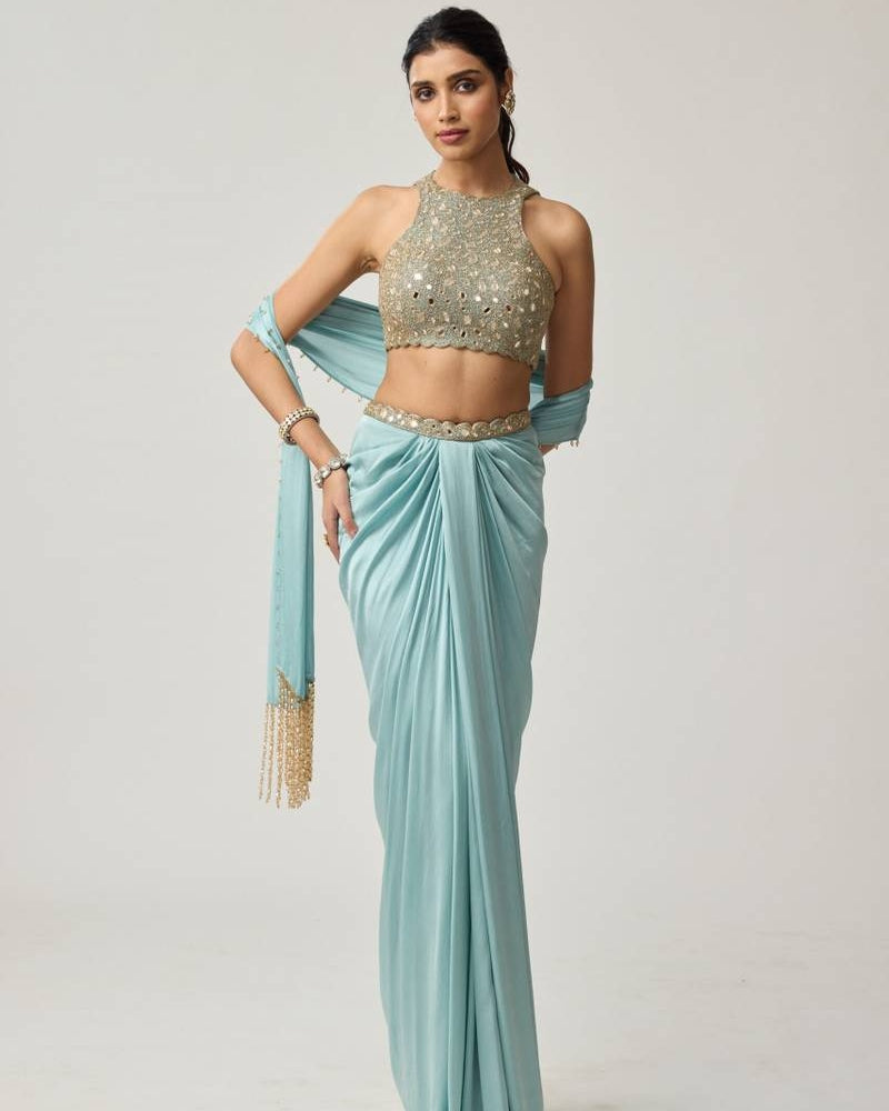 Powder Blue Mirror Satin Draped Skirt Set