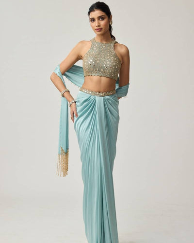 Powder Blue Mirror Satin Draped Skirt Set
