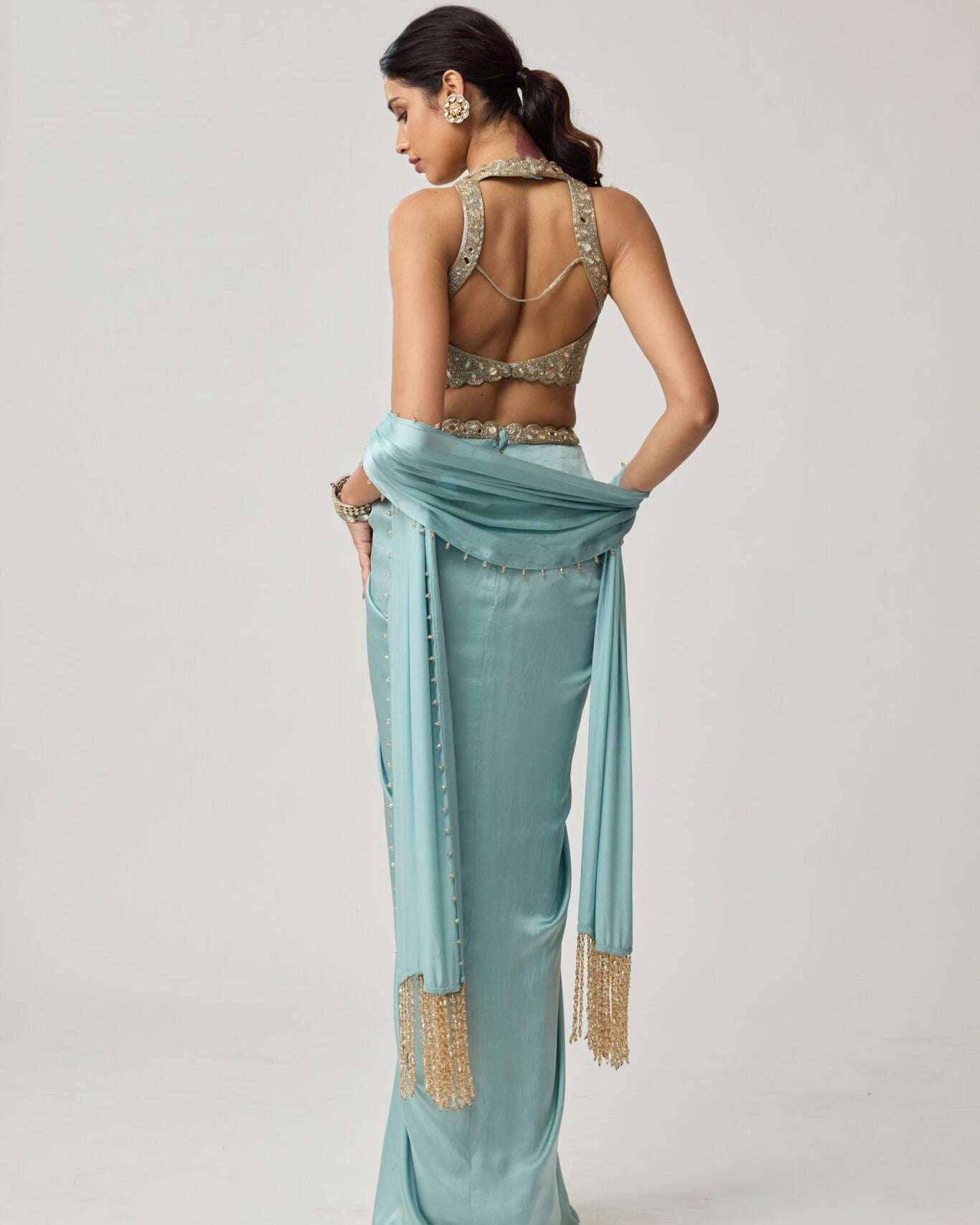 Powder Blue Mirror Satin Draped Skirt Set
