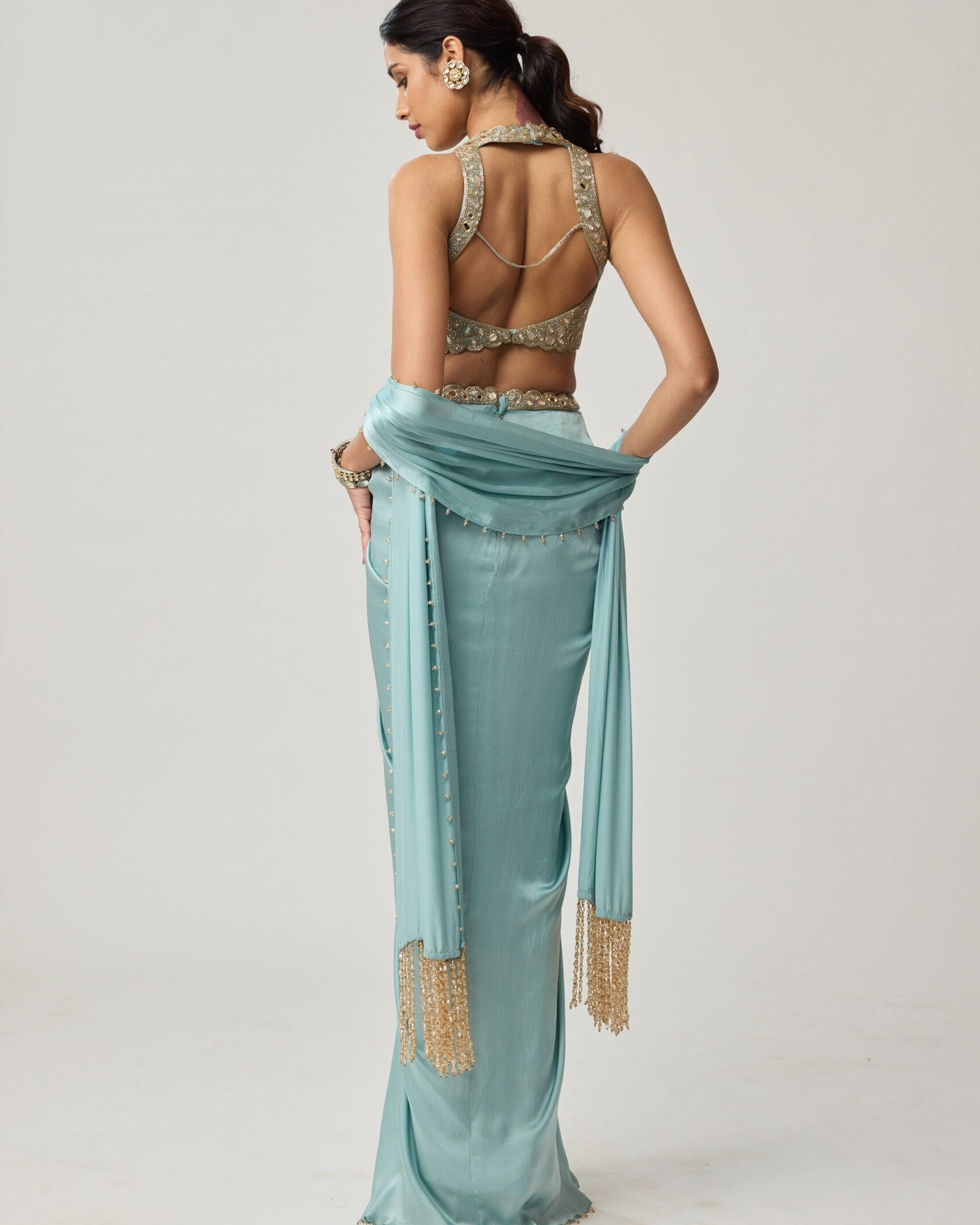 Powder Blue Mirror Satin Draped Skirt Set