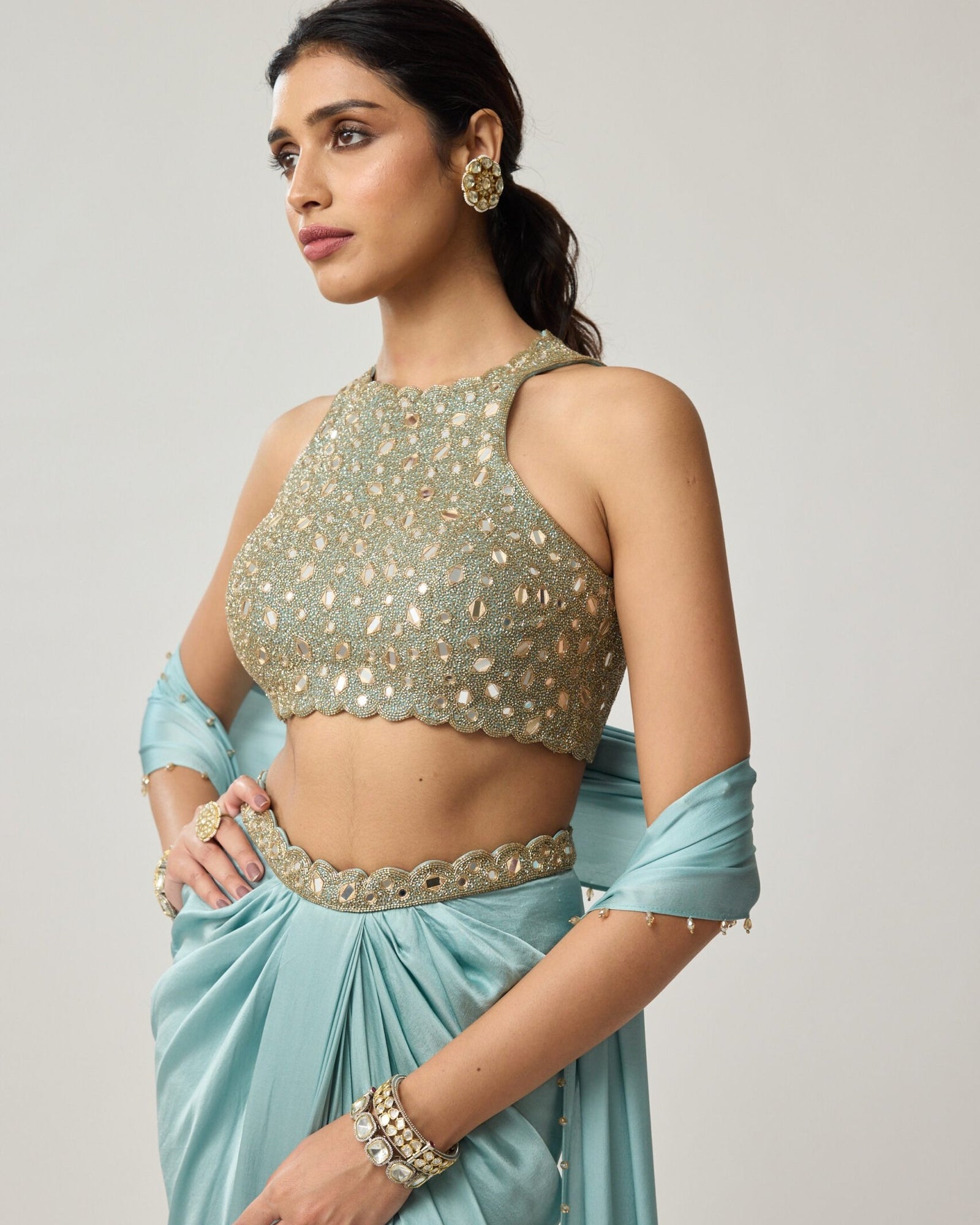 Powder Blue Mirror Satin Draped Skirt Set