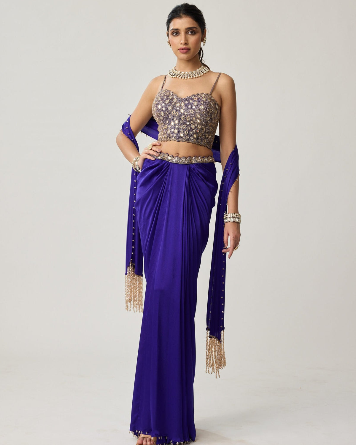 Persian Blue Mirror Corset Satin Draped Skirt Set