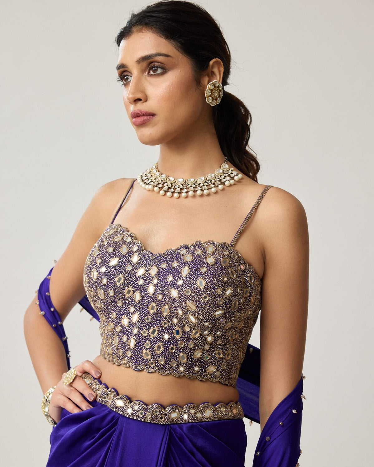 Persian Blue Mirror Corset Satin Draped Skirt Set