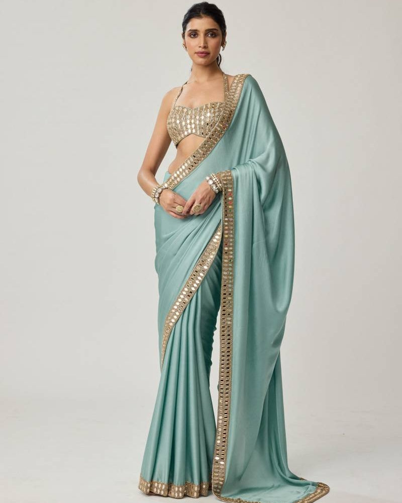 Powder Blue Mirror Satin Sari Set