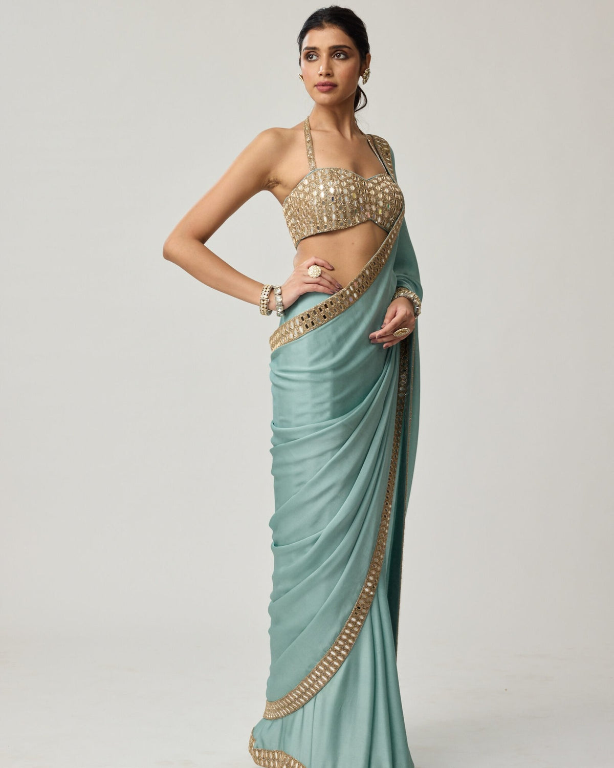 Powder Blue Mirror Satin Sari Set
