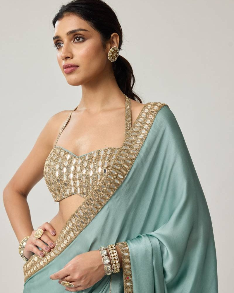 Powder Blue Mirror Satin Sari Set