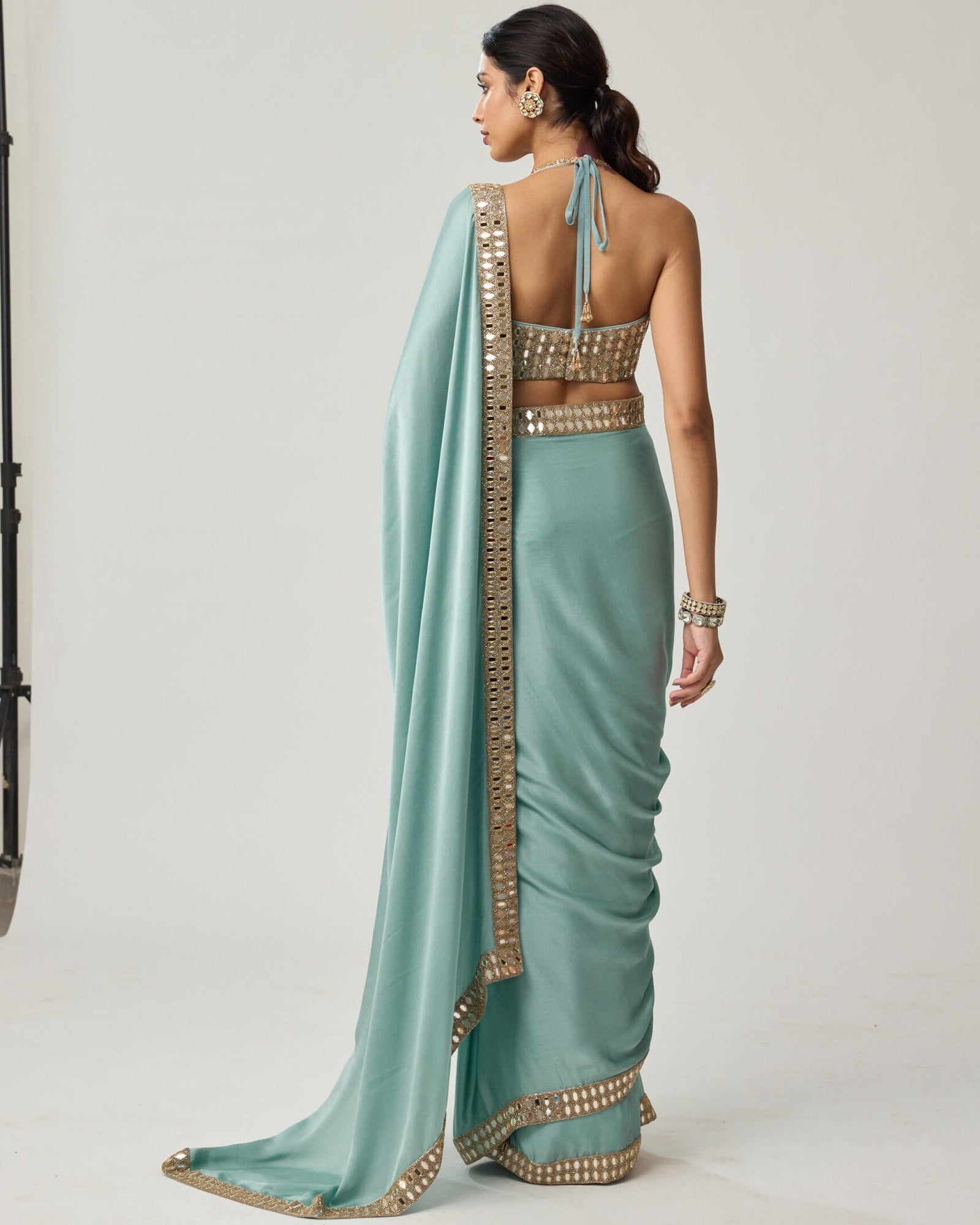 Powder Blue Mirror Satin Sari Set