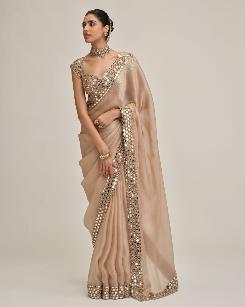 Light Beige Mirror Border Sari Set