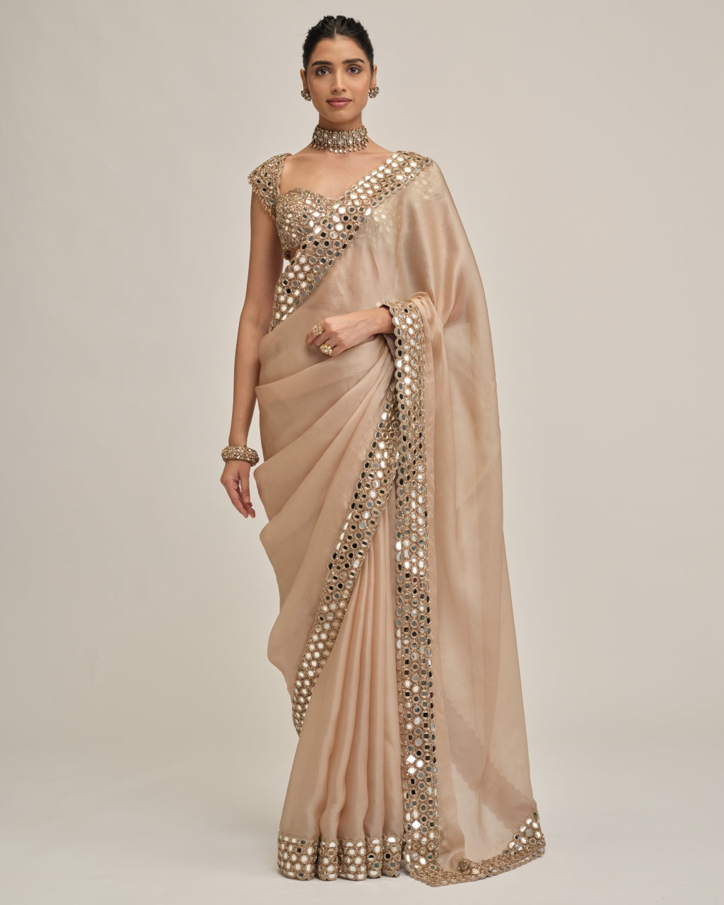 Light Beige Mirror Border Sari Set