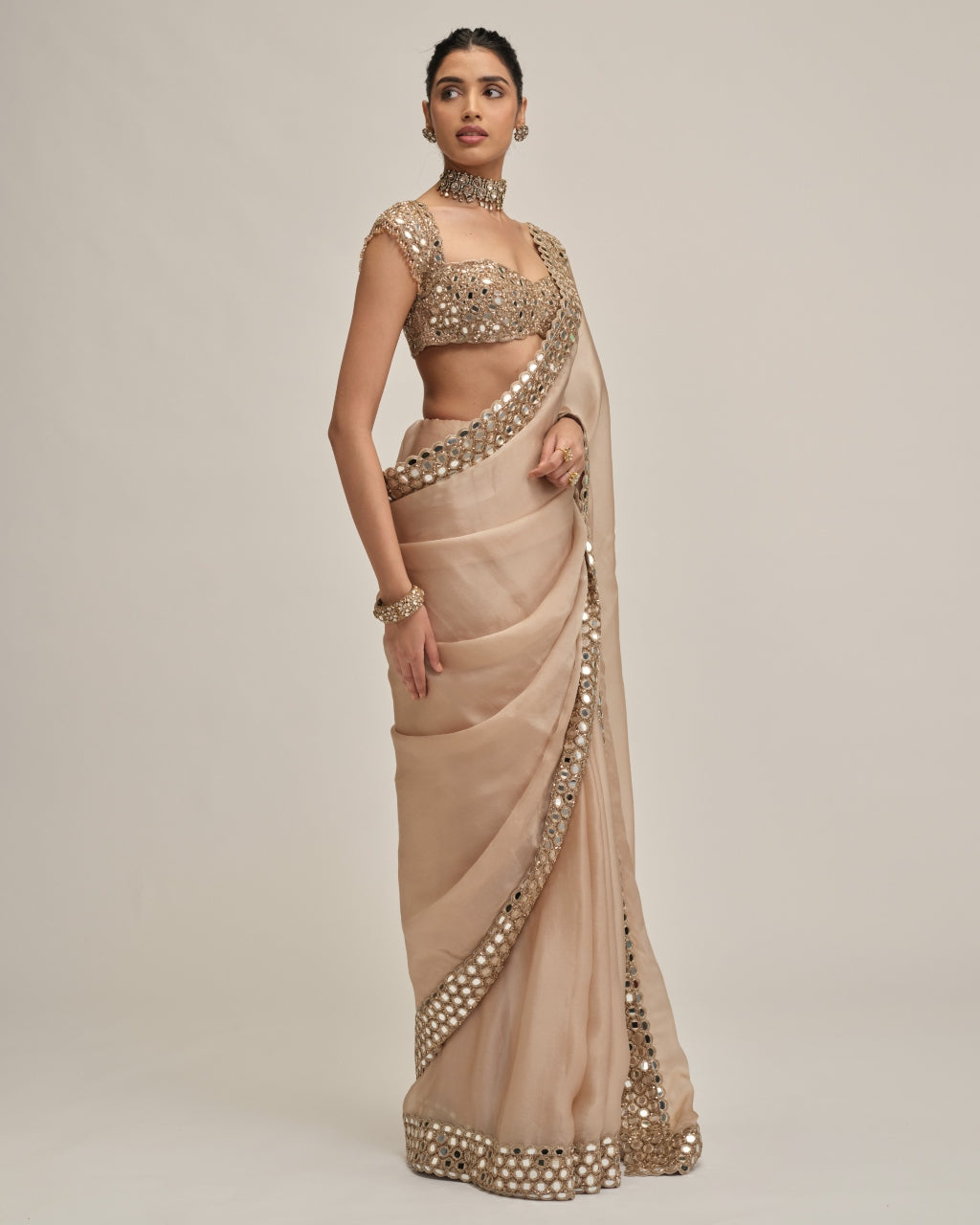 Light Beige Mirror Border Sari Set