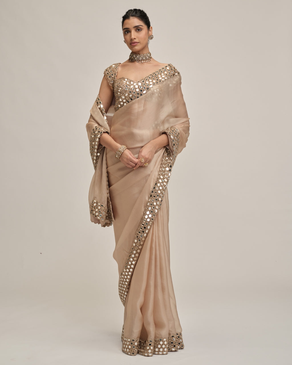 Light Beige Mirror Border Sari Set
