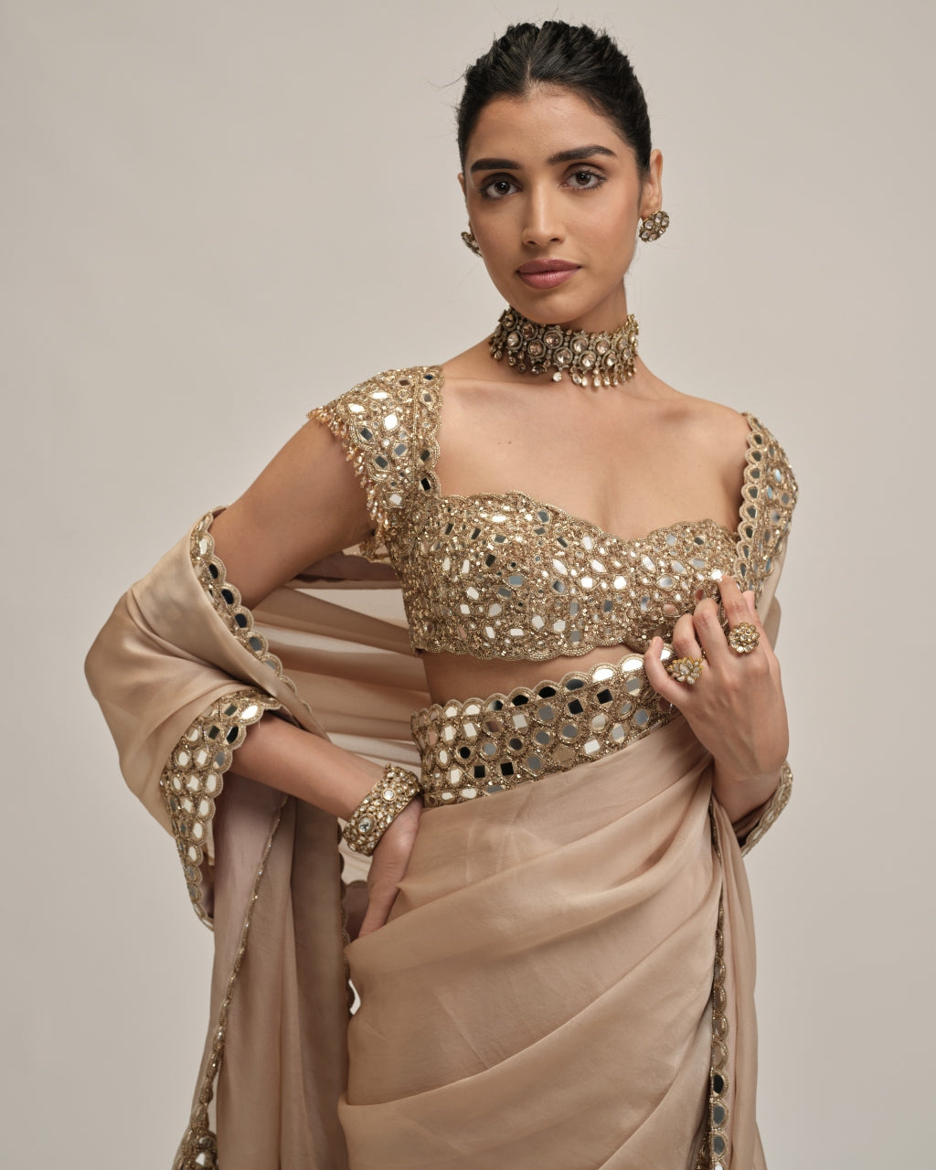 Light Beige Mirror Border Sari Set