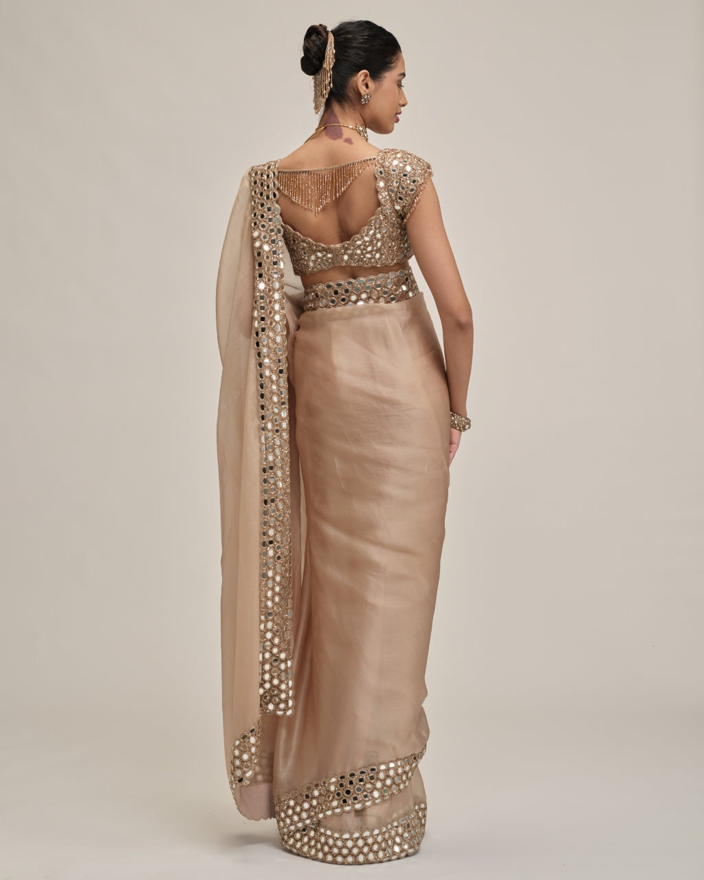 Light Beige Mirror Border Sari Set