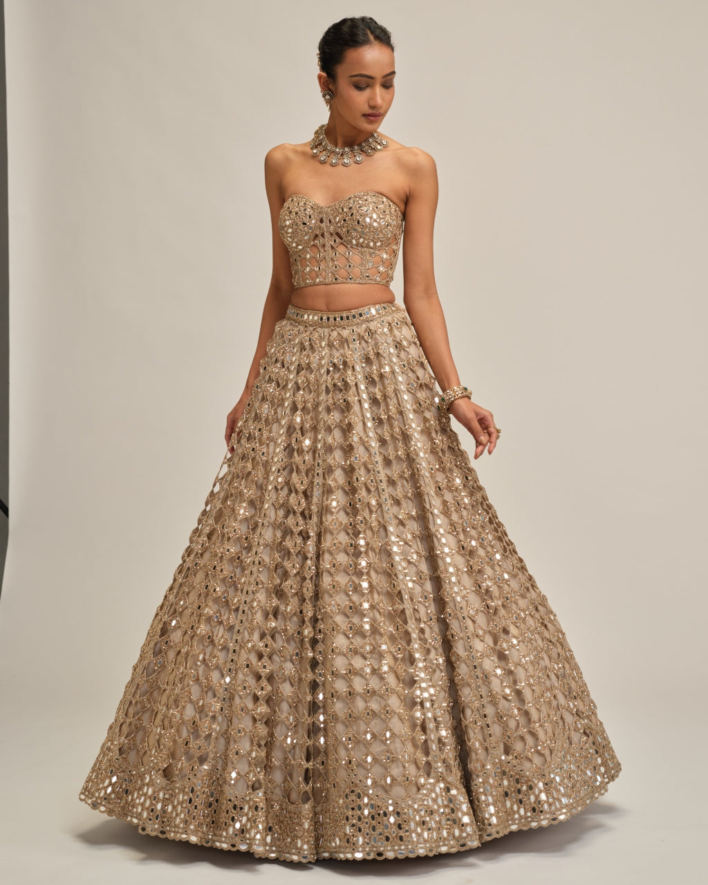 Light Beige Diamond Mirror Cutwork Crop Top Skirt Set