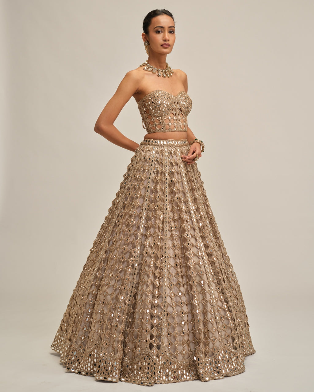 Light Beige Diamond Mirror Cutwork Crop Top Skirt Set