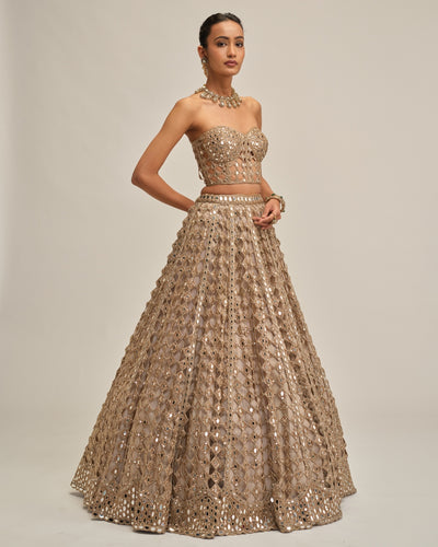 Light Beige Diamond Mirror Cutwork Crop Top Skirt Set
