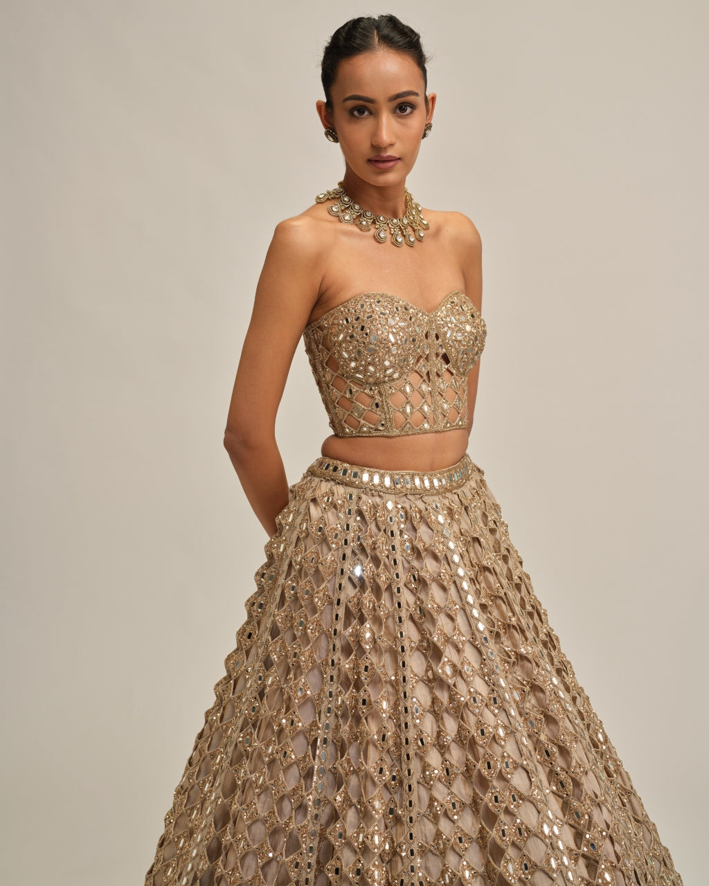 Light Beige Diamond Mirror Cutwork Crop Top Skirt Set