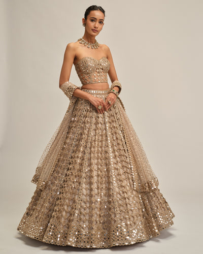 Light Beige Big Mirror Cutwork Lehenga With Corset Set